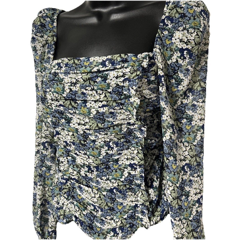 ASTR‎ The Label Tonina Top Puff Sleeve Ruched Bodice in Blue Green Floral Size S
